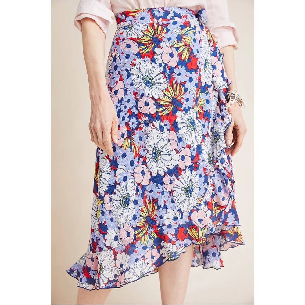 Maeve Anthropologie Sybil Wrap‎ Midi Skirt M Floral Ruffle Hem Lined Cottagecore - Picture 2 of 6